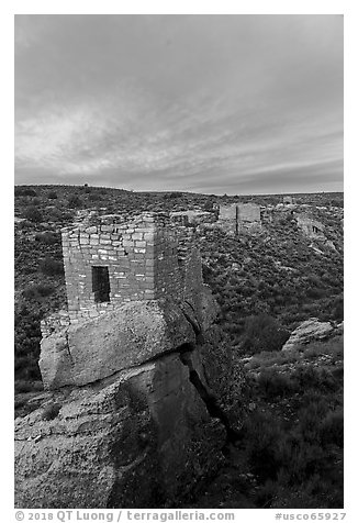 Stronghold House, Twin Towers, Hovenweep House, and Eroded Boulder House, sunrise. Hovenweep National Monument, Colorado, USA (black and white)