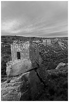 Stronghold House, Twin Towers, Hovenweep House, and Eroded Boulder House, sunrise. Hovenweep National Monument, Colorado, USA ( black and white)