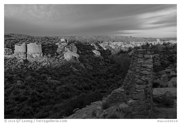 Pueblo community from Canyon Overlook. Hovenweep National Monument, Colorado, USA (black and white)