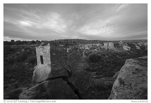 Stronghold House and Little Ruin Canyon. Hovenweep National Monument, Colorado, USA (black and white)
