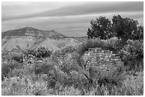 Lower House wall with Mesa Verde in background. Yucca House National Monument, Colorado, USA ( black and white)