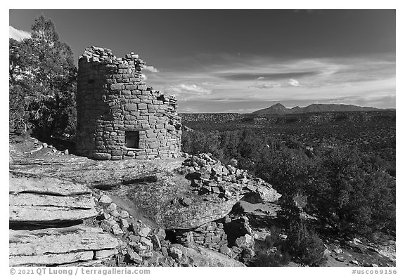 Painted Hand Pueblo tower and landscape. Canyon of the Ancients National Monument, Colorado, USA (black and white)