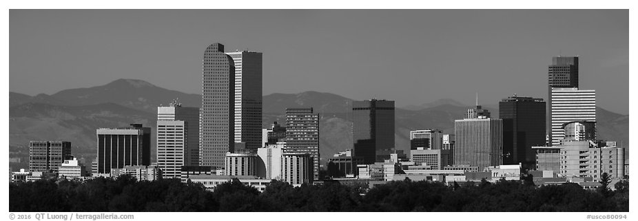 Skyline with Rocky Mountains. Denver, Colorado, USA (black and white)