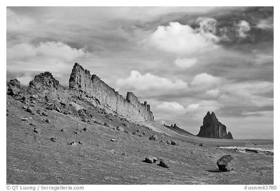 Golden wall and Shiprock. Shiprock, New Mexico, USA (black and white)