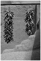 Strings of red pepper hanging from adobe walls. Taos, New Mexico, USA (black and white)