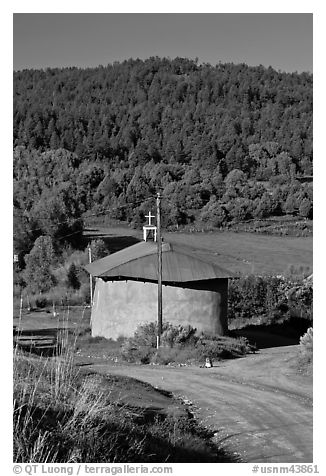 Rural church with adobe walls and tin roof. New Mexico, USA (black and white)
