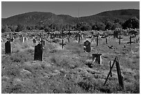 Headstones in grassy area, cemetery, Picuris Pueblo. New Mexico, USA ( black and white)