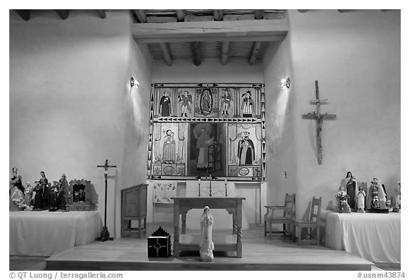 Altar, San Lorenzo Church, Picuris Pueblo. New Mexico, USA (black and white)