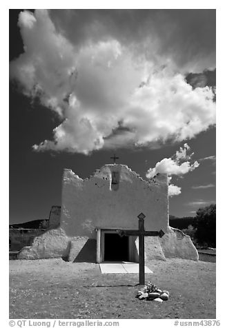 Adobe church and clouds, Picuris Pueblo. New Mexico, USA (black and white)