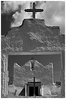San Lorenzo Church seen through adobe walls, Picuris Pueblo. New Mexico, USA ( black and white)