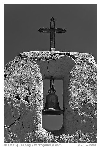 Bell, Cross and adobe wall,  San Lorenzo Church,. New Mexico, USA (black and white)