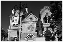 Front of St Francis Cathedral and Archibishop Lamy statue. Santa Fe, New Mexico, USA ( black and white)