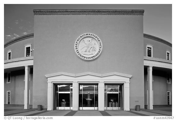 West entrance of New state Mexico Capitol. Santa Fe, New Mexico, USA (black and white)