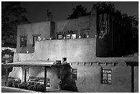 House in Spanish pueblo revival style by night. Santa Fe, New Mexico, USA (black and white)