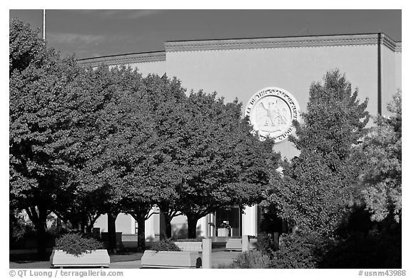 New Mexico State Capitol East entrance and trees. Santa Fe, New Mexico, USA