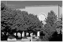 New Mexico State Capitol East entrance and trees. Santa Fe, New Mexico, USA (black and white)