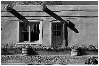 Adobe facade with flowers, windows, and vigas shadows. Santa Fe, New Mexico, USA ( black and white)