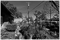 Gallery front yard with contemporary sculptures. Santa Fe, New Mexico, USA (black and white)