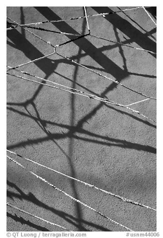 Shadows of vigas (wooden beams) and strings made of plastic bags. Santa Fe, New Mexico, USA (black and white)
