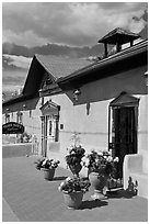 Potted flowers and gallery, old town. Albuquerque, New Mexico, USA (black and white)