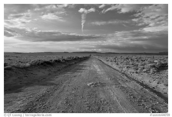 Unpaved road leading to Chaco Canyon. Chaco Culture National Historic Park, New Mexico, USA (black and white)