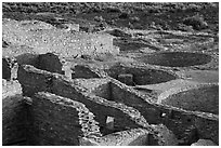 Rooms and kivas, Pueblo Bonito. Chaco Culture National Historic Park, New Mexico, USA (black and white)