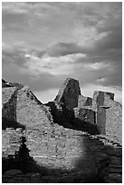 Last light on ruined walls, Pueblo Bonito. Chaco Culture National Historic Park, New Mexico, USA ( black and white)
