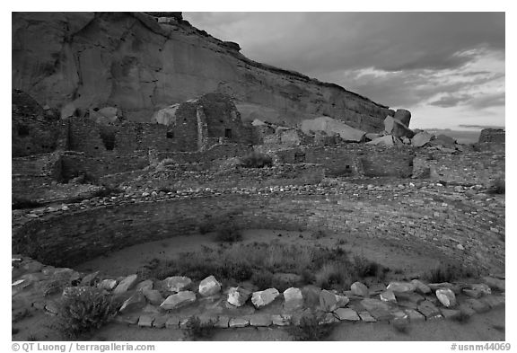 Pueblo Bonito at the foot of Chaco Canyon northern rim. Chaco Culture National Historic Park, New Mexico, USA (black and white)
