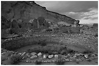 Pueblo Bonito at the foot of Chaco Canyon northern rim. Chaco Culture National Historic Park, New Mexico, USA ( black and white)