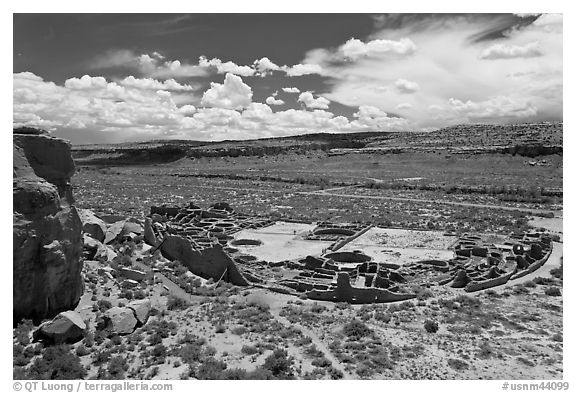 Pueblo Bonito from above. Chaco Culture National Historic Park, New Mexico, USA (black and white)