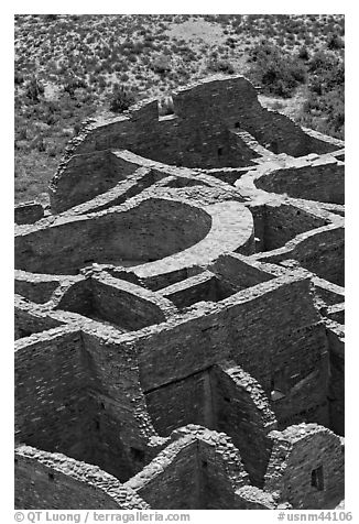 Rooms of Pueblo Bonito seen from above. Chaco Culture National Historic Park, New Mexico, USA (black and white)