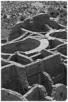 Rooms of Pueblo Bonito seen from above. Chaco Culture National Historic Park, New Mexico, USA ( black and white)