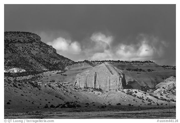 Red cliffs and dark sky. New Mexico, USA (black and white)