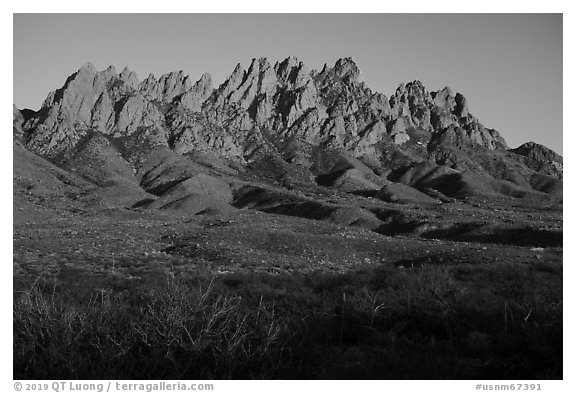Organ Needles at sunset. Organ Mountains Desert Peaks National Monument, New Mexico, USA (black and white)