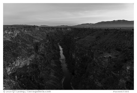 Rio Grande Gorge and Sangre de Cristo Mountains at dawn. Rio Grande Del Norte National Monument, New Mexico, USA (black and white)