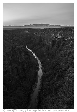 Rio Grande Gorge at sunrise from High Brige. Rio Grande Del Norte National Monument, New Mexico, USA (black and white)