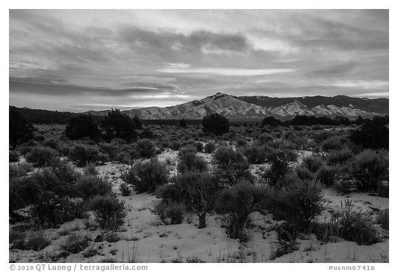 Sangre de Cristo Mountains from Wild Rivers Area, winter sunrise. Rio Grande Del Norte National Monument, New Mexico, USA (black and white)