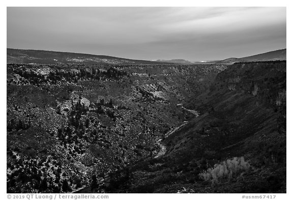 Upper Rio Grande Gorge, sunrise. Rio Grande Del Norte National Monument, New Mexico, USA (black and white)