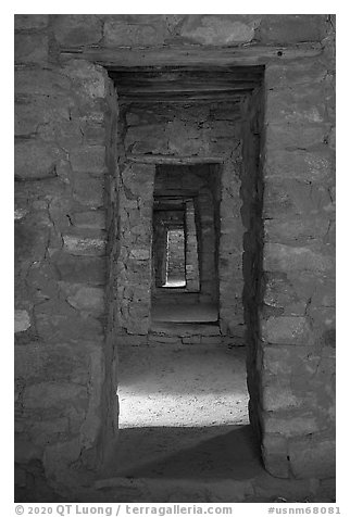 Passageway with doors, West Ruin. Aztek Ruins National Monument, New Mexico, USA (black and white)
