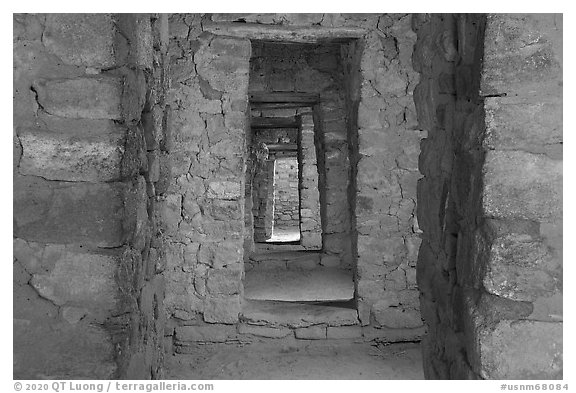 Aligned doors, West Ruin. Aztek Ruins National Monument, New Mexico, USA (black and white)