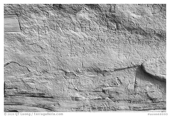 Last inscription from Spanish colonial times in 1774. El Morro National Monument, New Mexico, USA (black and white)