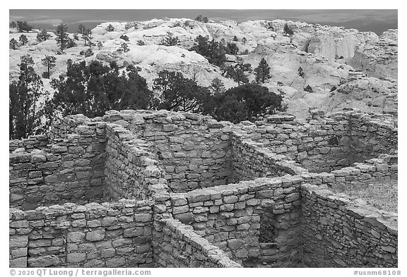 Atsinna Pueblo on top of bluff. El Morro National Monument, New Mexico, USA (black and white)