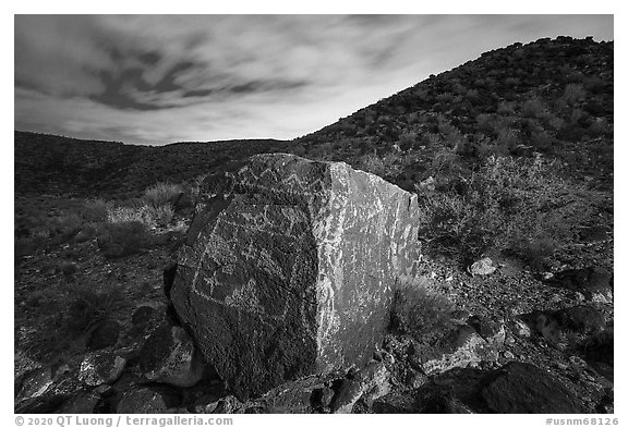 Large rock covered with petroglyphs on both sides, Petroglyph National Monument. New Mexico, USA (black and white)