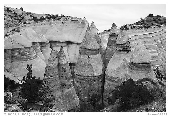 Cone shaped rock formations. Kasha-Katuwe Tent Rocks National Monument, New Mexico, USA (black and white)