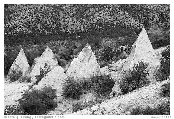 White pyramidal rocks. Kasha-Katuwe Tent Rocks National Monument, New Mexico, USA (black and white)