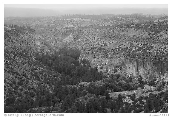 Distant view of Frijoles Canyon in autumn. Bandelier National Monument, New Mexico, USA (black and white)