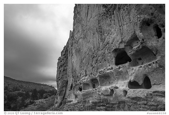 Tuff cliff with cave dwellings, Frijoles Canyon. Bandelier National Monument, New Mexico, USA (black and white)
