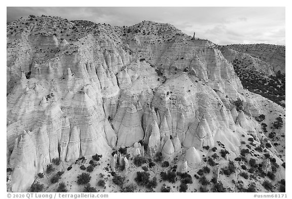 Aerial View of tent rocks along cliff. Kasha-Katuwe Tent Rocks National Monument, New Mexico, USA (black and white)