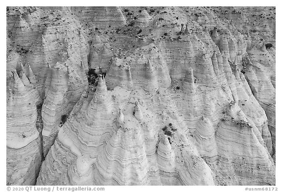 Aerial View of cliffside tent rocks. Kasha-Katuwe Tent Rocks National Monument, New Mexico, USA (black and white)