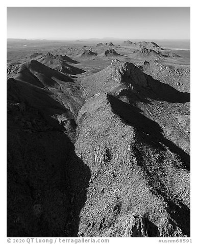 Aerial view of valley in Dona Ana Mountains. Organ Mountains Desert Peaks National Monument, New Mexico, USA (black and white)